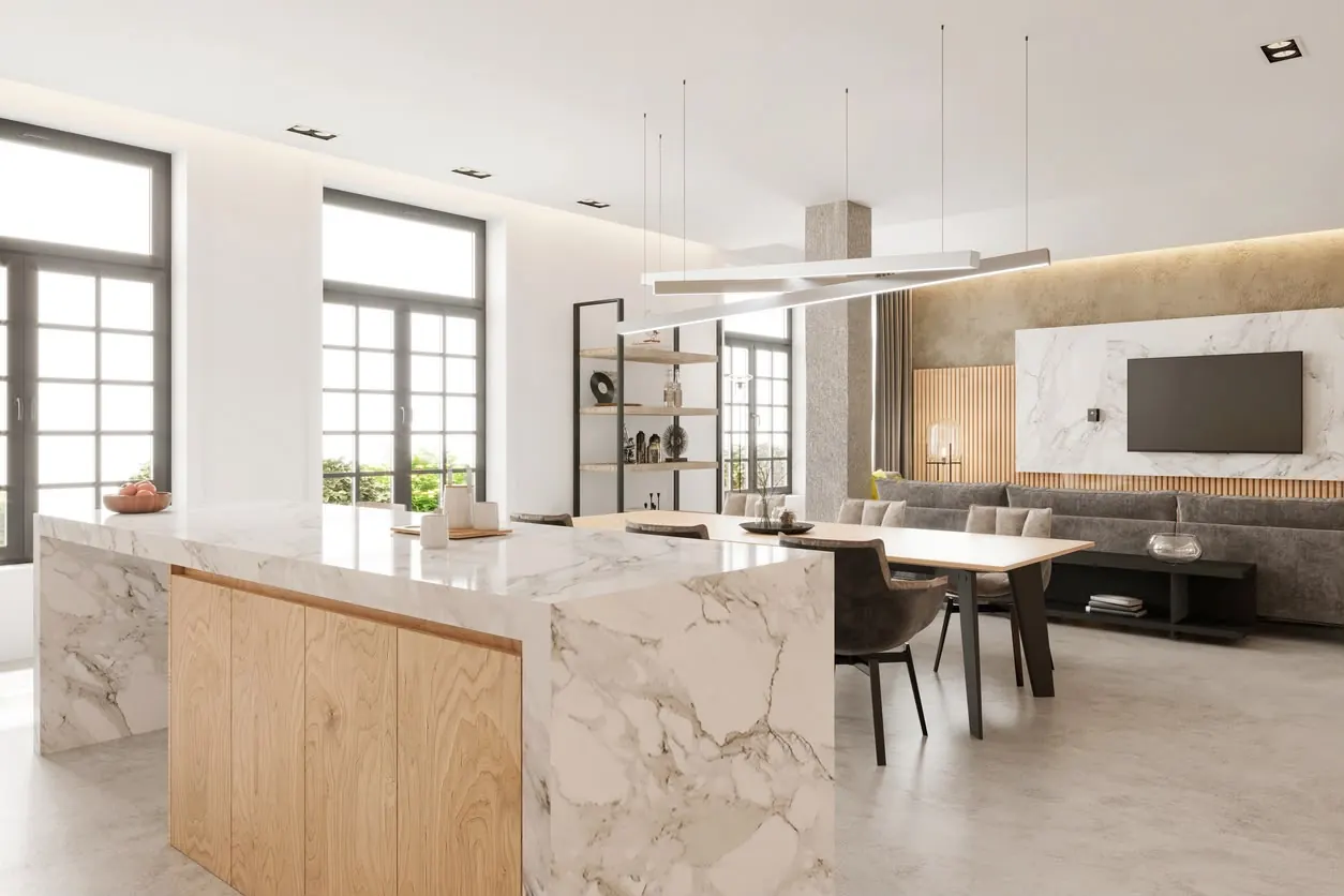 Open-plan kitchen and living room in Lagos with a marble and oak island and tall steel-framed windows