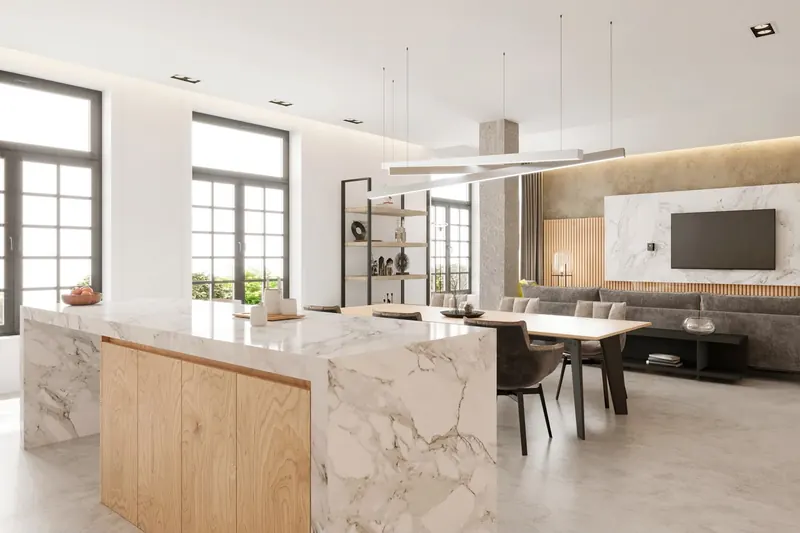 Open-plan living space in Lagos with a marble island and steel-framed windows